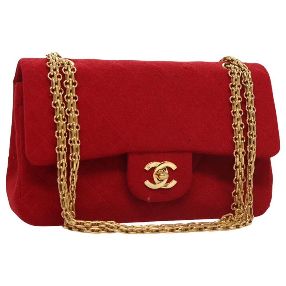 CHANEL Matelasse Chain Shoulder Bag Cotton Red Gold CC